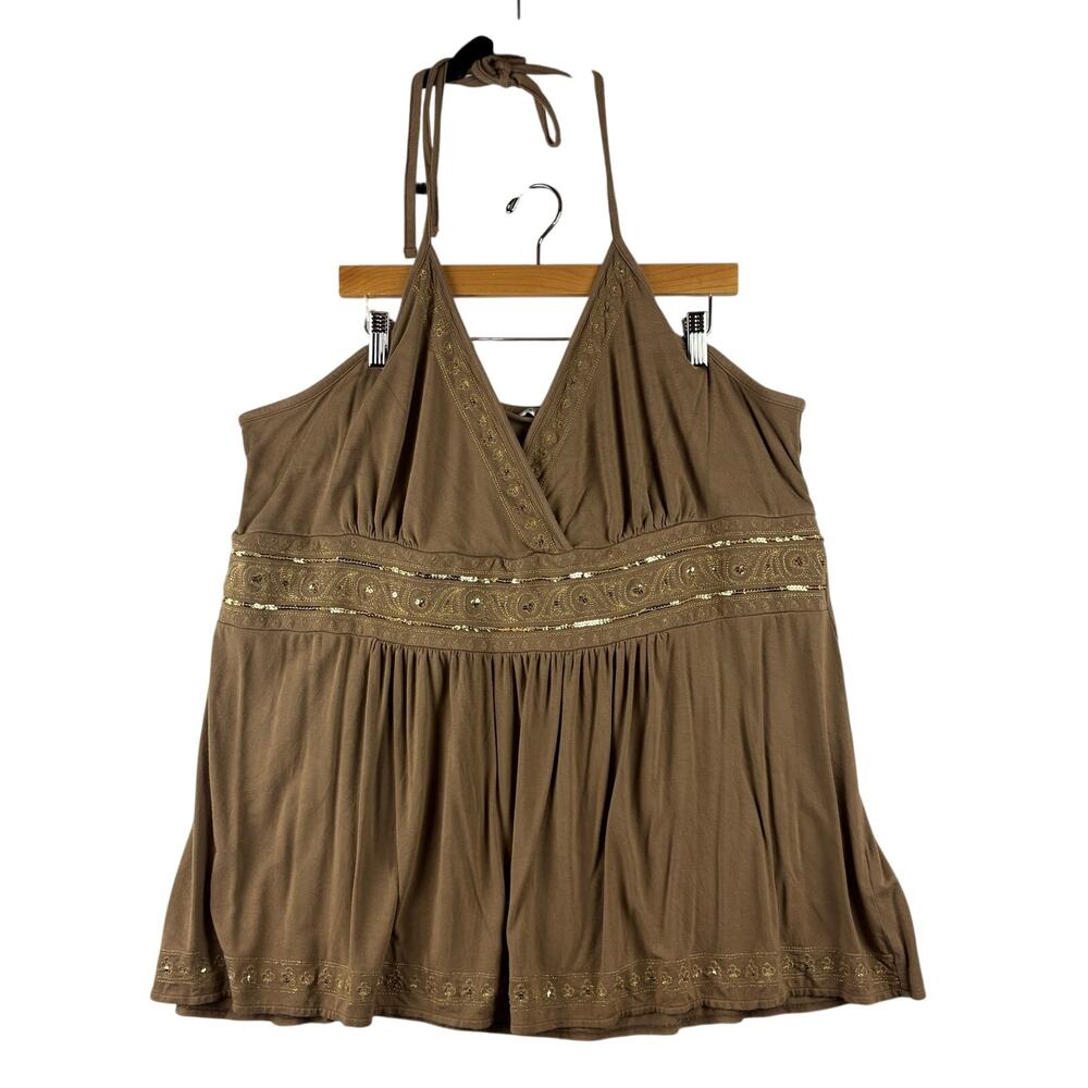 Y2K Brown Babydoll Halter Tank Blouse Sequin Women’s Measured 2/3X Embroidered